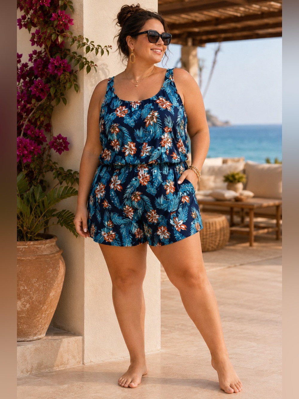 NWT | BloomChic | Tropical Swim Romper Swimsuit Navy Floral - Size 22-24 3X